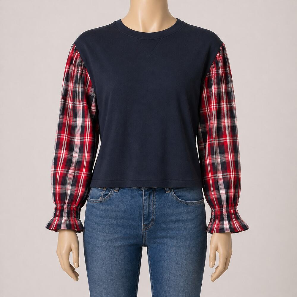 Tommy Hilfiger Plaid Sleeve Top Navy Sweatshirt XL